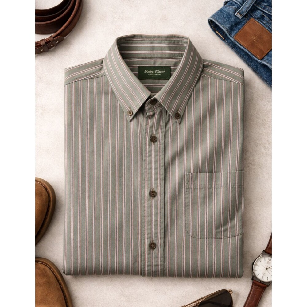 Eddie Bauer Men’s Large Green Striped Button Down Cotton Shirt L/S Casual
